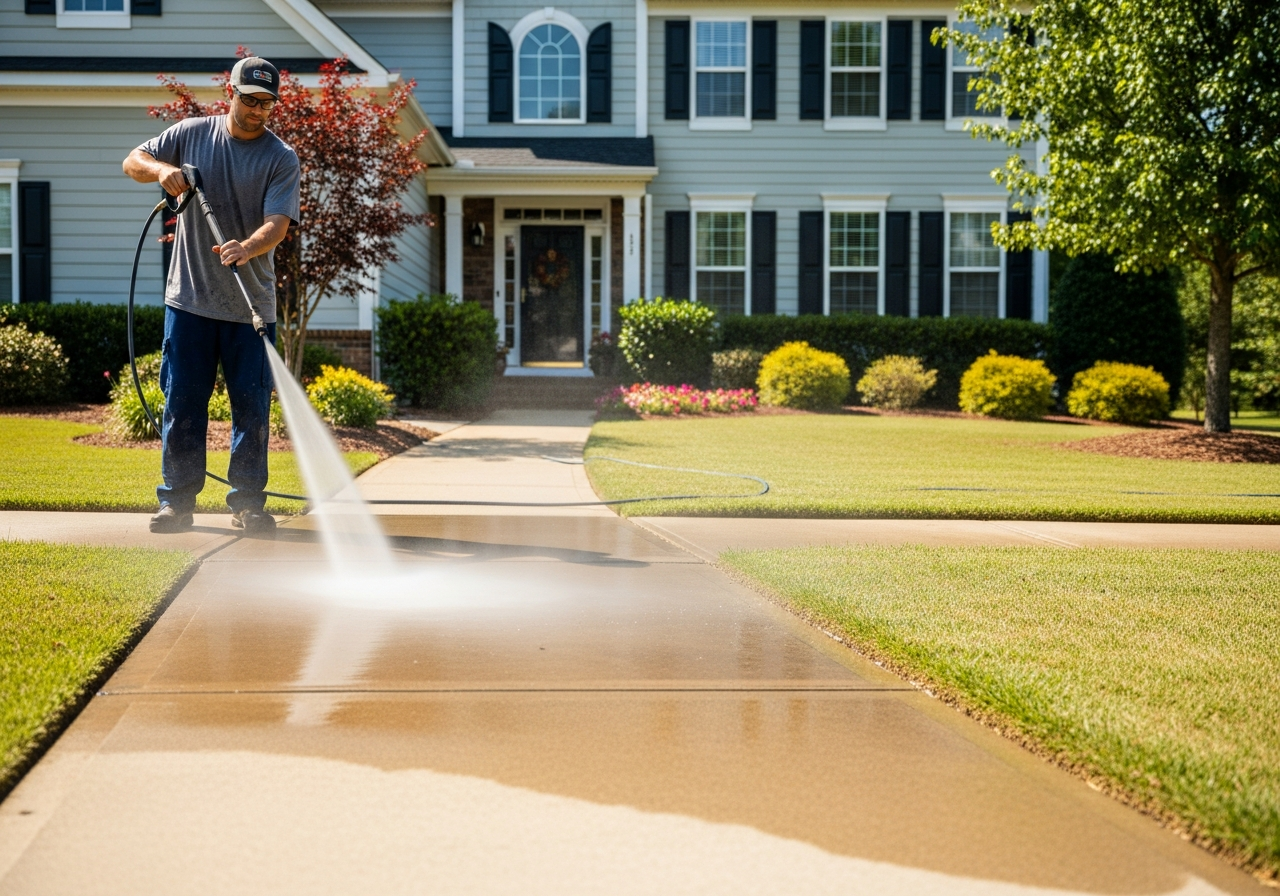 Clean concrete driveway after professional pressure washing